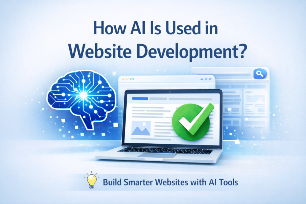 AI in website development with laptop, AI brain icon, search elements, and green approval check in blue and white theme