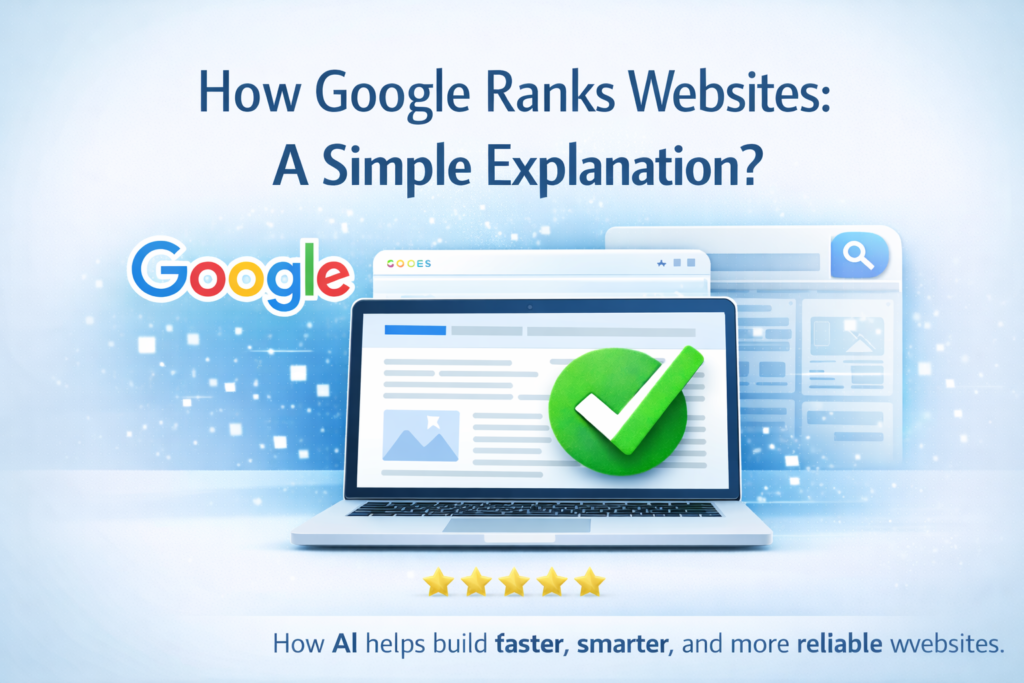 how google ranks websites explained with laptop search results and green approval check