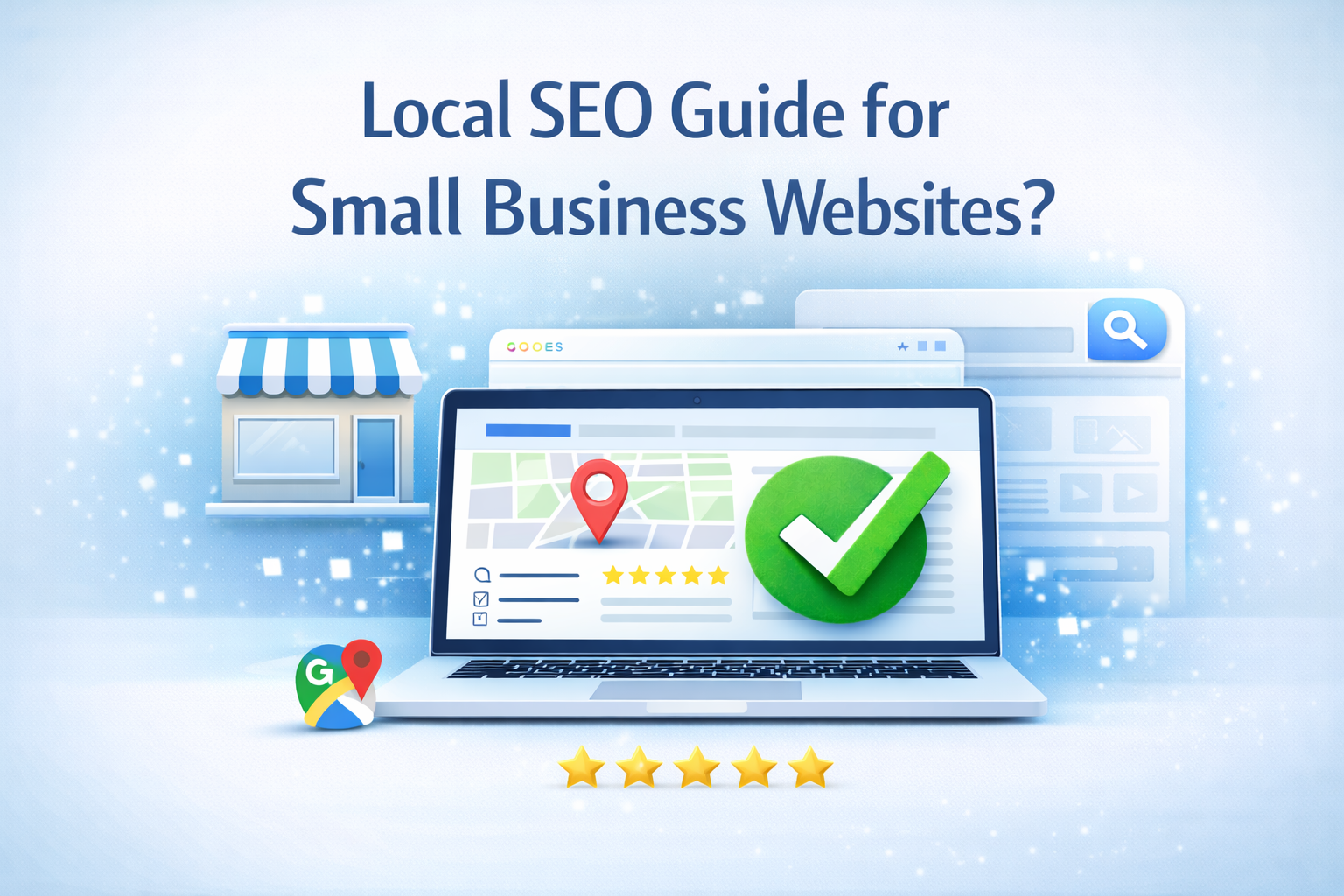 local seo for small business websites showing laptop with map location pin, search results, and green approval check