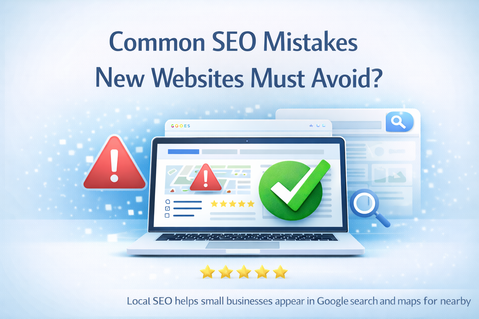 seo mistakes for new websites shown with laptop, search icons, warning symbols, and green approval check