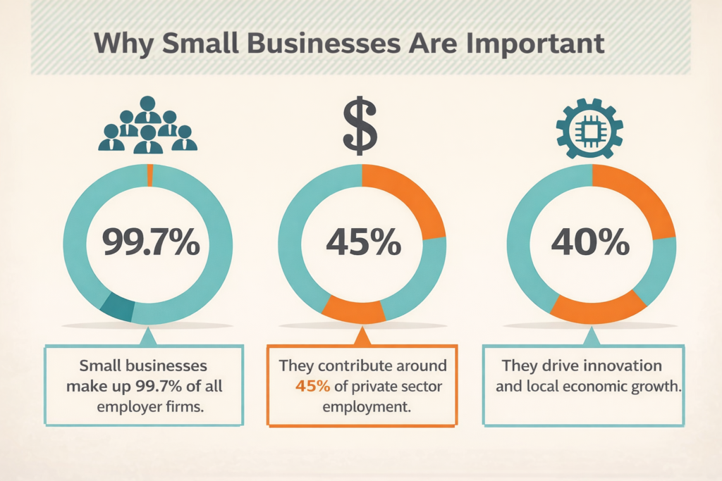 why small businesses are important infographic showing donut charts with employment, workforce, and innovation statistics